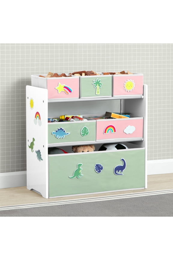 Design & Store 6 Bin Toy Storage Organizer with Interchangeable Patches, Green/Pink