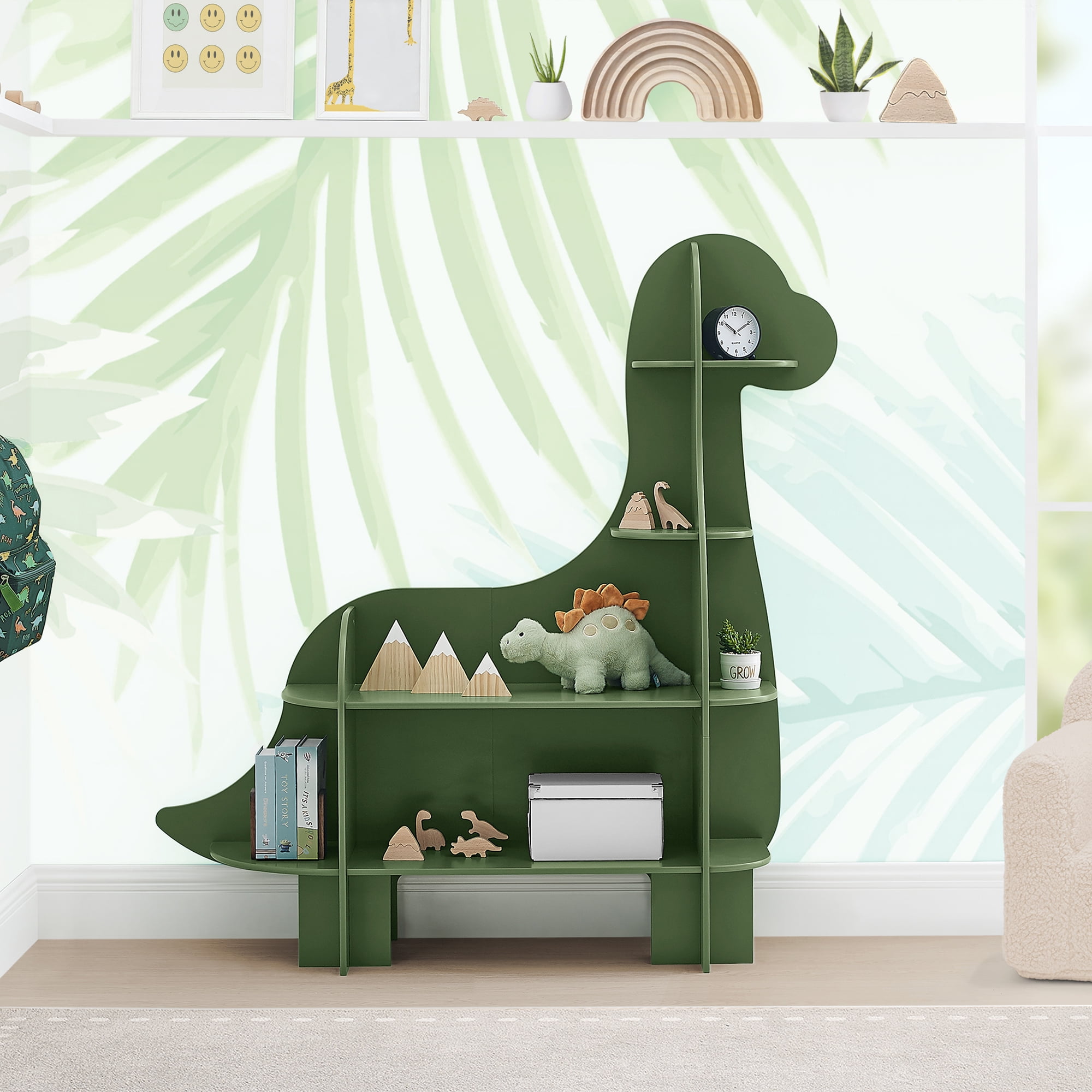 Fern Green Dinosaur-Shaped Kids Bookcase with Multiple Shelves