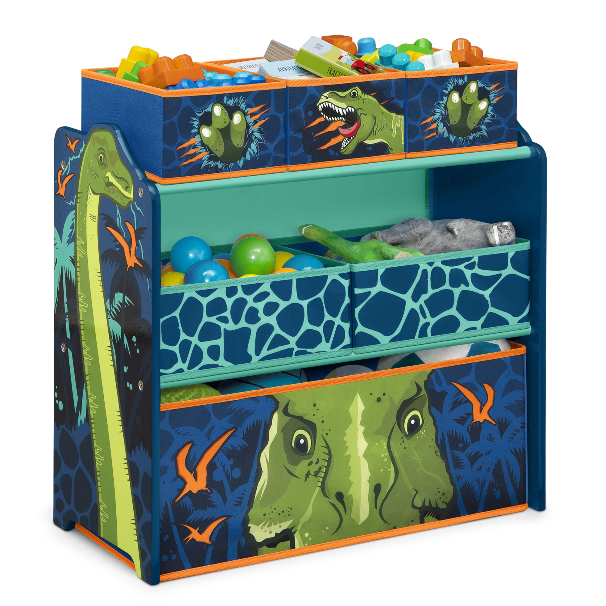 Dinosaur Design Painted Wood Toy Storage Organizer with Fabric Bins