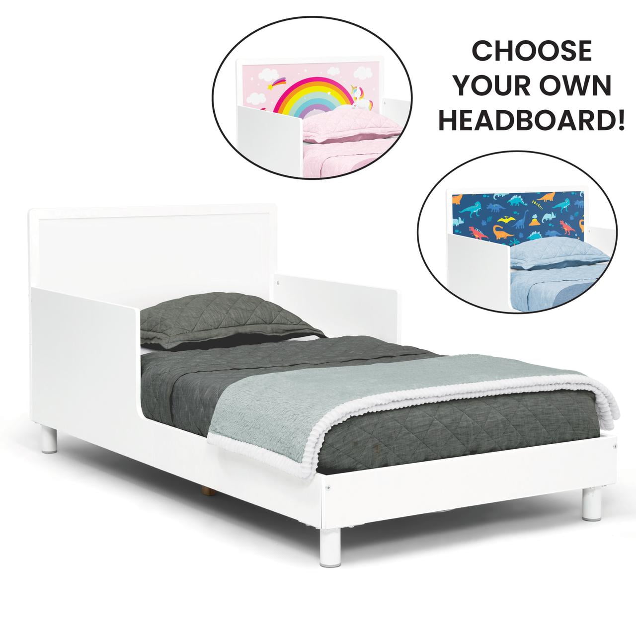 Delta Children Dreamer Toddler Bed (Choose from Dinosaur or Rainbow Headboard Stickers), Bianca White
