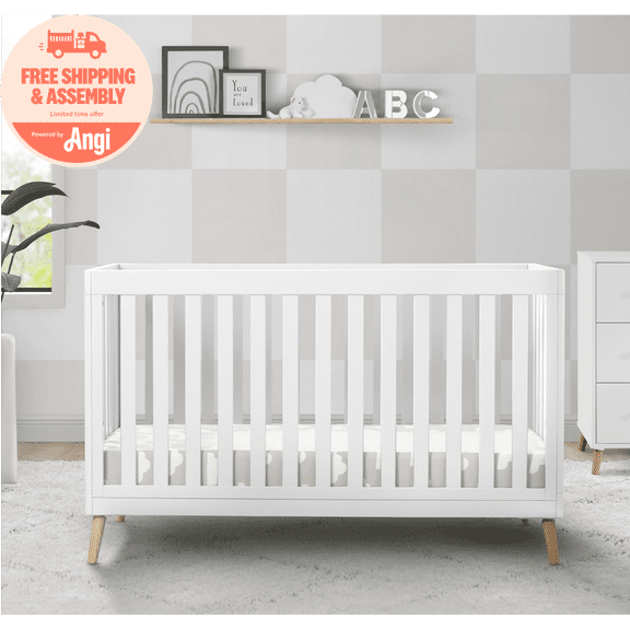 Delta Children Essex 4-in-1 Convertible Baby Crib, Bianca White/Natural Legs