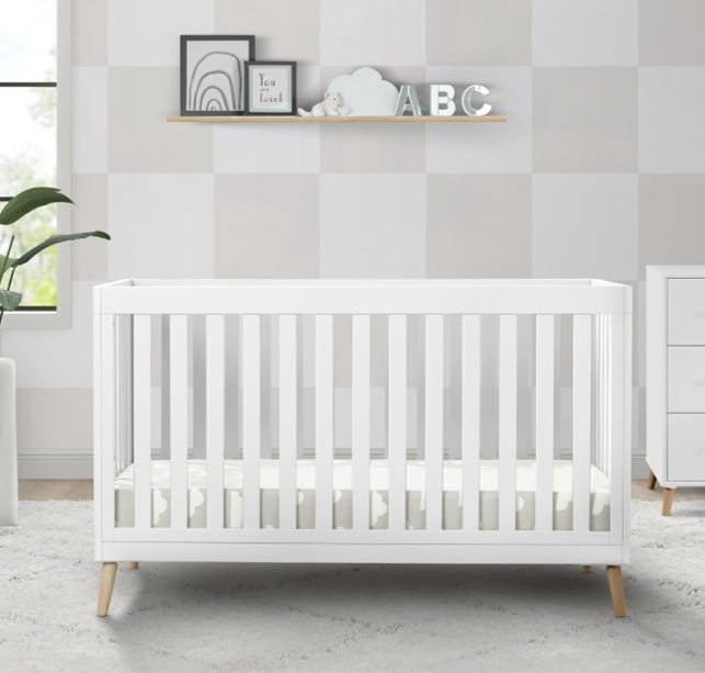 Delta Children Essex 4-in-1 Convertible Baby Crib, Bianca White/Natural Legs