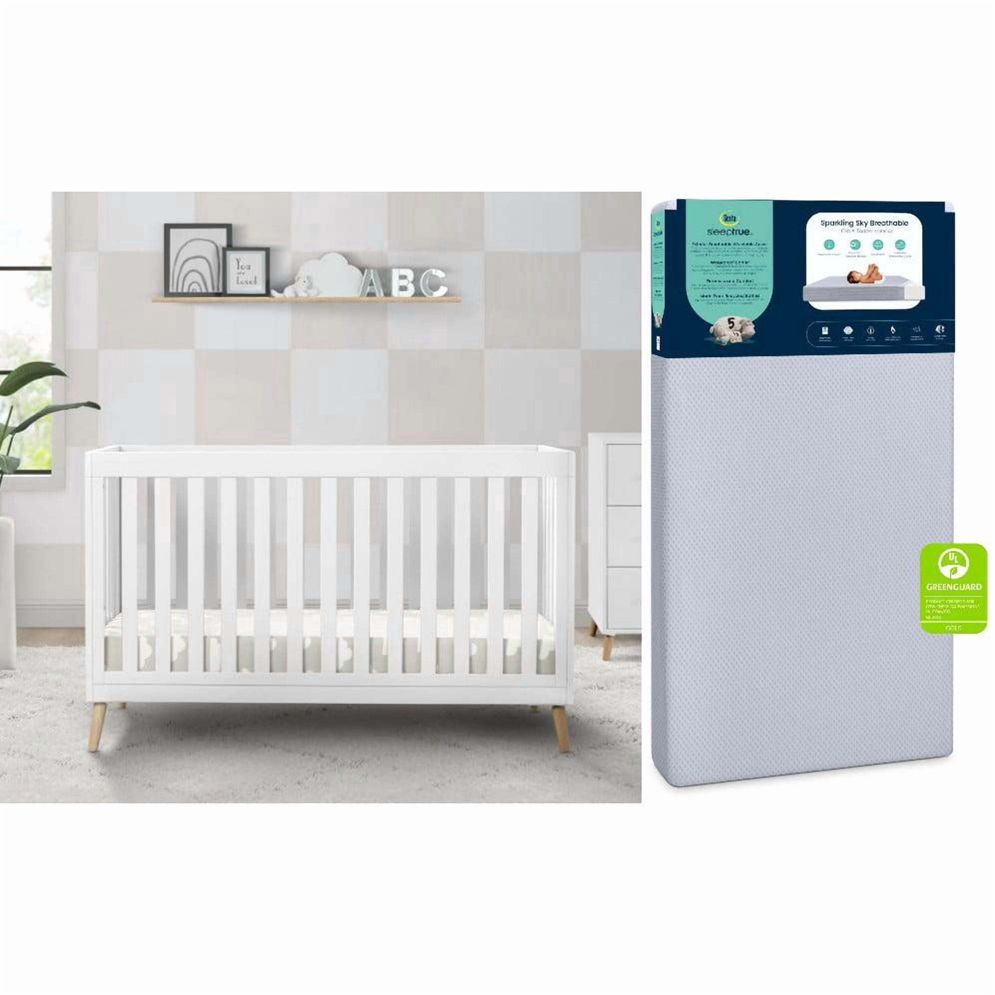 Delta Children Essex 4-in-1 Convertible Baby Crib & Serta SleepTrue Sparkling Sky Breathable Baby Bed Crib Mattress and Toddler Mattress