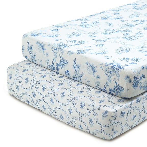 Delta Children Fitted Crib Sheets for Girls and Boys - 100% Organic Cotton Crib Sheet for Standard Crib and Toddler Mattresses - 28x52 Inch - GOTS Certified (Pack of 2), Blue Botanicals