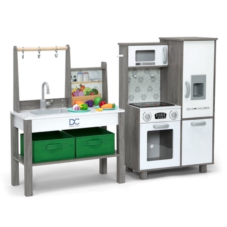 Delta Children Wooden Corner Play Kitchen Playset with Lights, Oven, Sink, Refrigerator & Ice Maker, 20-Piece Kitchen Accessories, White