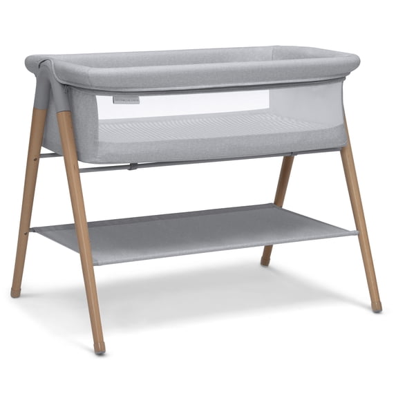 Delta Children Haven Beechwood by the Bed Bassinet with Breathable Mesh and Natural Beechwood Legs, Grey Stripe