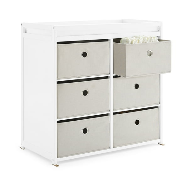 Delta Children Hayes Baby Changing Table with Fabric Bins, Bianca White/Flax Bins