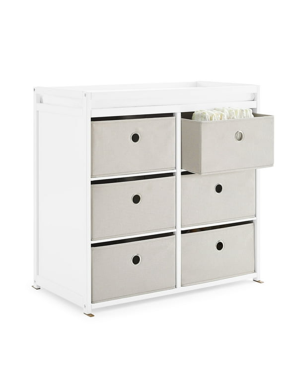 Delta Children Hayes Changing Table with Fabric Bins, Bianca White/Flax Bins