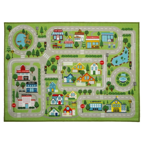 Delta Children Kids Large Road Map Activity Rug, 4’6" L x 3’3” W, City Life/Green