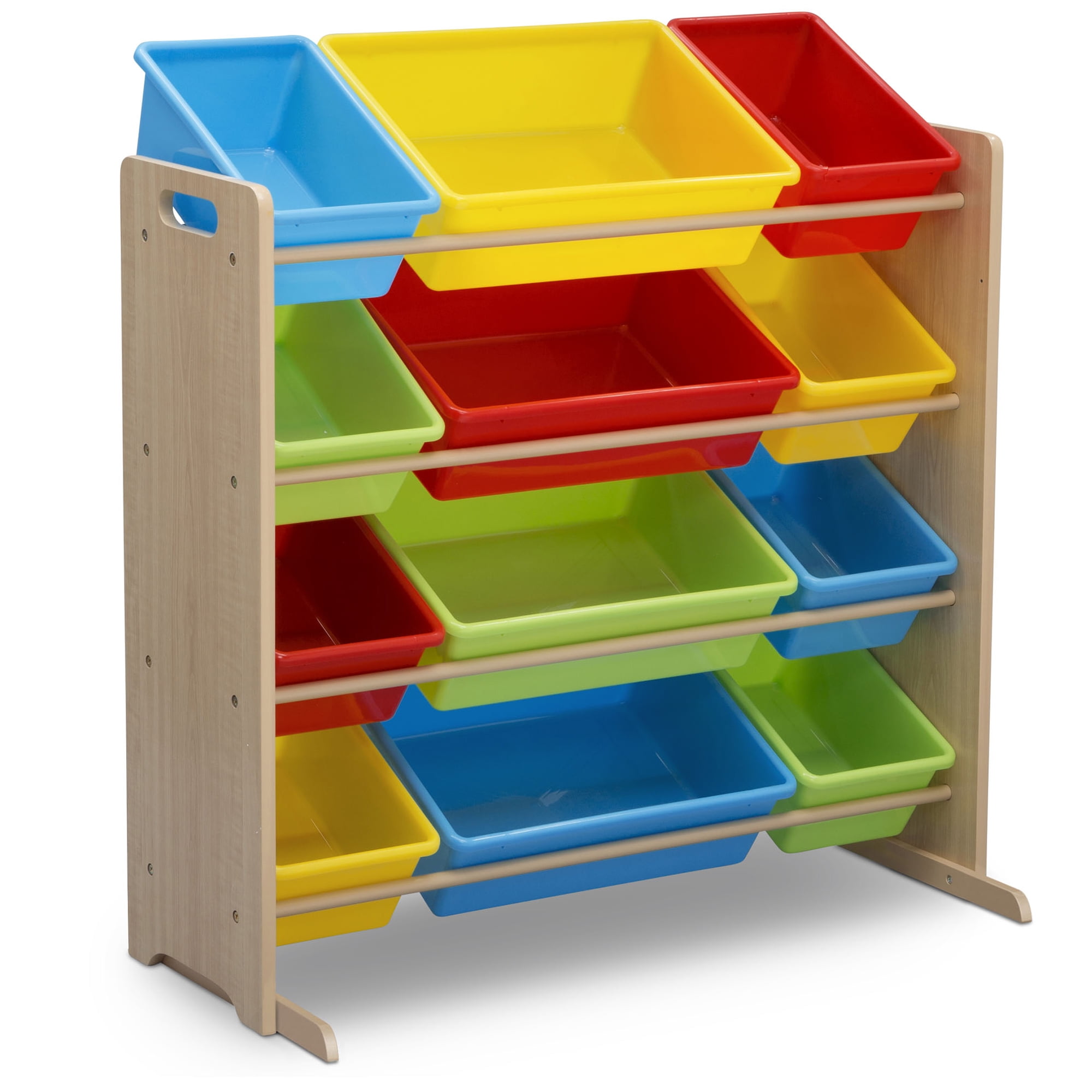 Basics Kids Toy Storage Organizer With 12 Plastic Bins, Natural Wood  With Bright Bins, 10.9 D x 33.6 W x 31.1 H