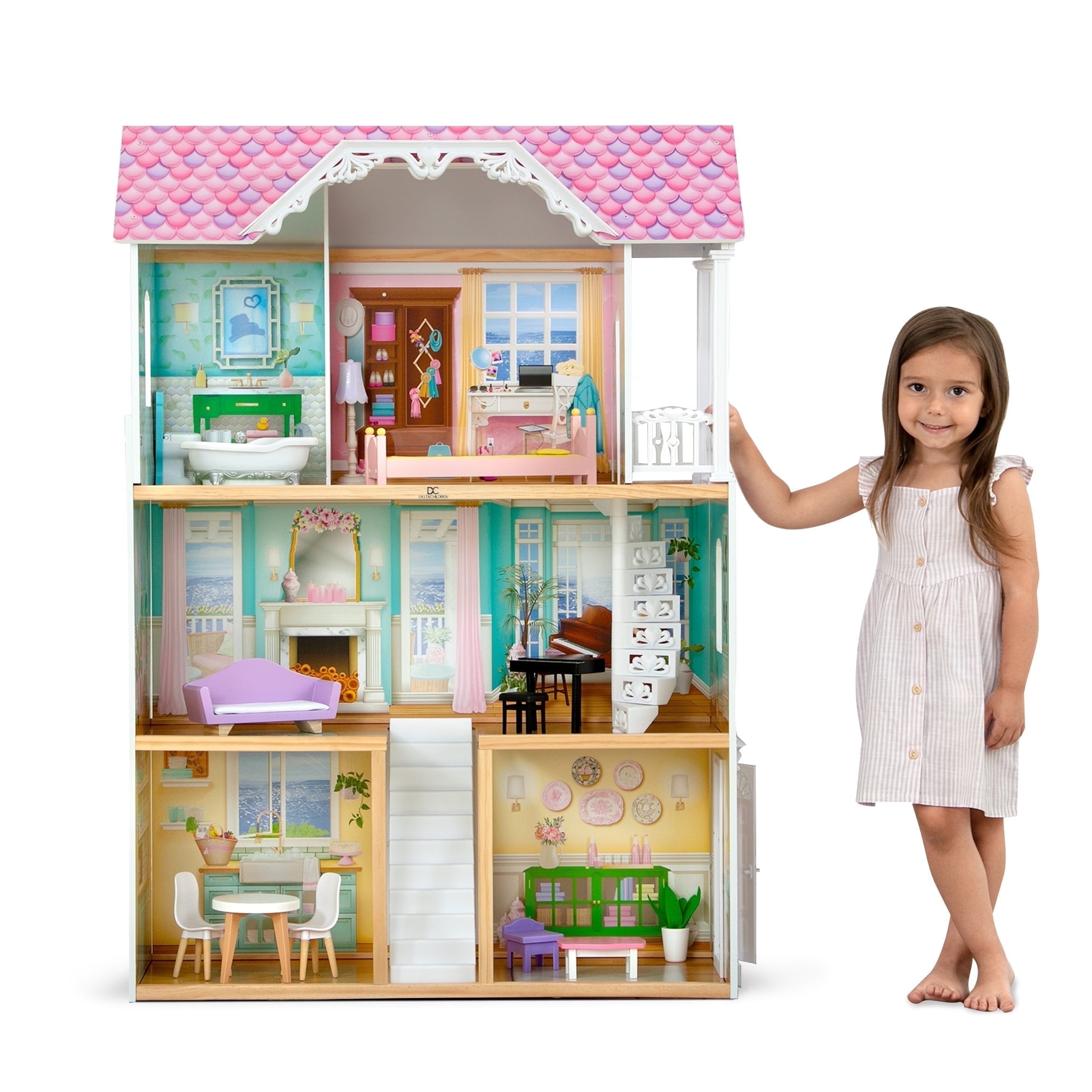 Delta Children MySize Dollhouse Large Wooden 3 Story Dollhouse with 7 Rooms Includes 12 Accessories Fits 12 inch Dolls Pretend Play Dream Gift