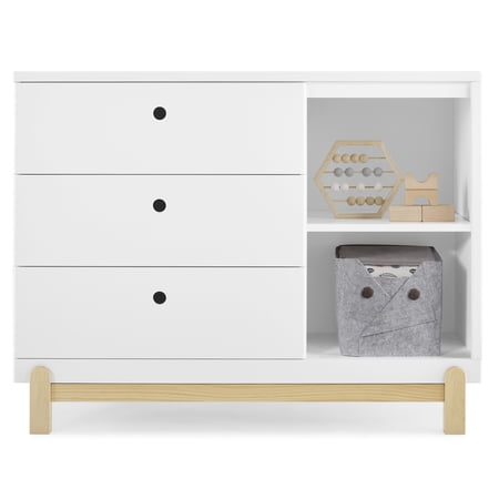 Delta Children Poppy 3 Drawer Dresser with Cubbies and Interlocking Drawers, Bianca White/Natural