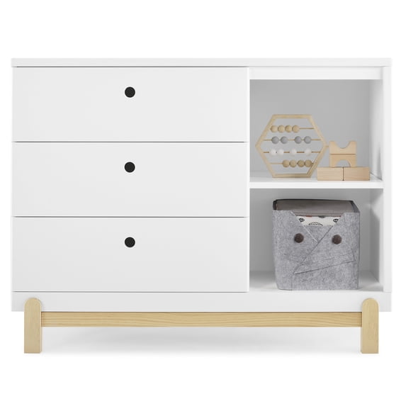 Delta Children Poppy 3 Drawer Dresser with Cubbies and Interlocking Drawers, Bianca White/Natural