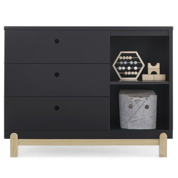 Delta Children Poppy 3 Drawer Dresser with Cubbies and Interlocking Drawers, Midnight Grey/Natural