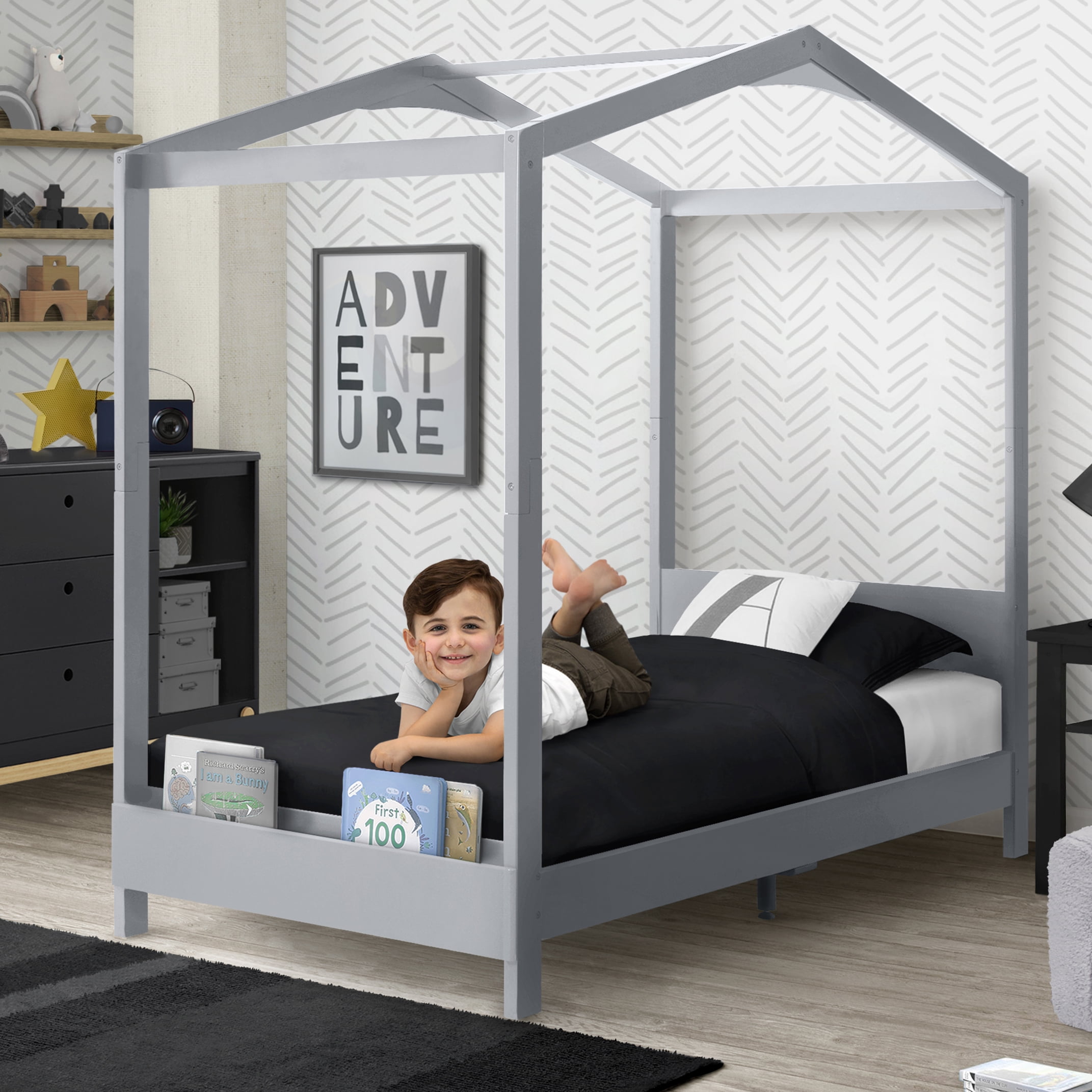 Delta Children Poppy House Wood Twin Bed, Platform Bed - No Box Spring Needed, Grey