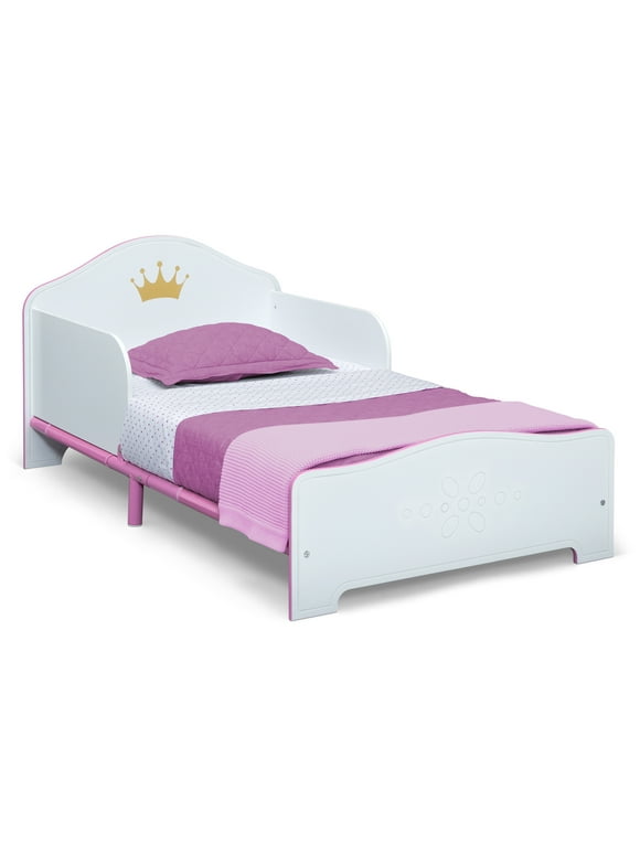 Delta Children Princess Crown Wood Toddler Bed with Fabric Mattress Support, Greenguard Gold Certified, White/Pink