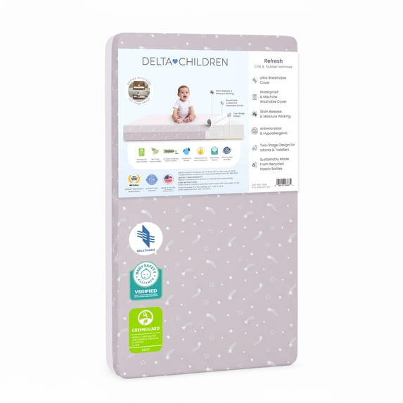 Delta Children Refresh 2-Stage Crib and Toddler Mattress - Breathable Cover and Core - Machine Washable - GREENGUARD Gold – Waterproof - Sustainably Sourced Core, Pink