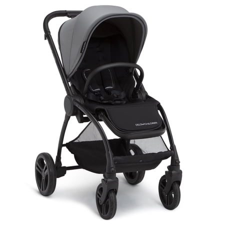 Delta Children Revolve Reversible Stroller - Leather Handlebar; One Hand Easy Fold; Lightweight Shock-Absorbing Frame; Reclining Seat and Adjustable Footrest, Grey