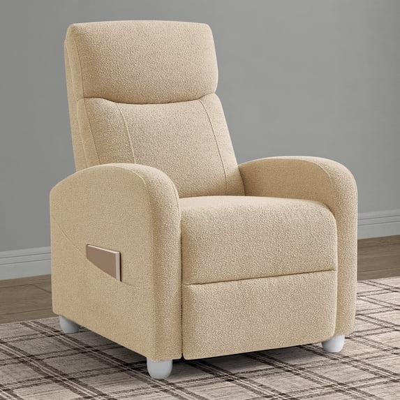 Delta Children Riley Pushback Stationary Recliner, Boucle Textured Fabric with Pocketed Coil Cushion and Side Storage Pocket, Wheat