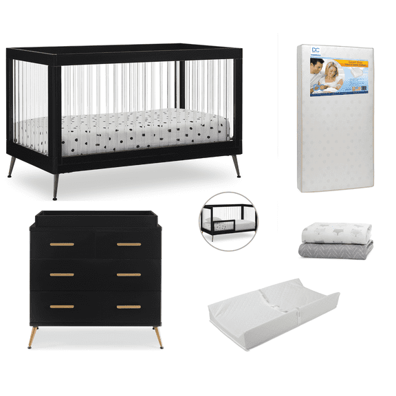 Delta Children Sloane Crib 7-Piece Baby Nursery Furniture Set–Includes: Convertible Crib, Dresser, Changing Top, Crib Mattress, Fitted Sheets, Toddler Guardrail & Changing Pad, Black w/Melted Bronze