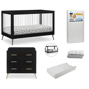 Delta Children Sloane Crib 7-Piece Baby Nursery Furniture Set–Includes: Convertible Crib, Dresser, Changing Top, Crib Mattress, Fitted Sheets, Toddler Guardrail & Changing Pad, Black w/Melted Bronze