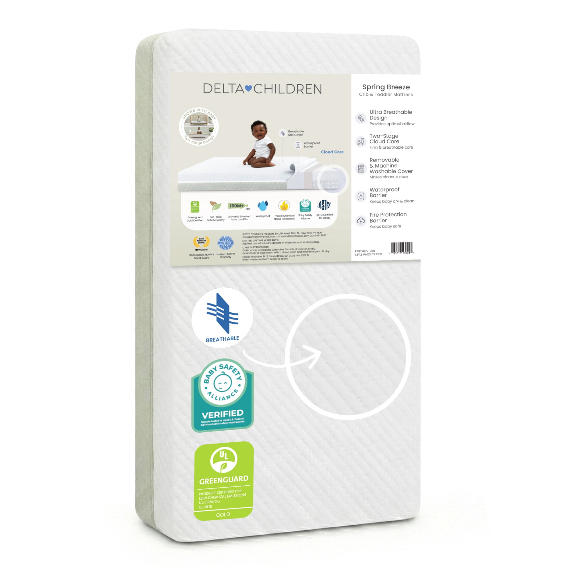 Delta Children Spring Breeze Mattress - Breathable Baby Crib & Toddler Mattress with Cloud Core - Machine Washable Cover - GREENGUARD Gold – Waterproof - Sustainably Sourced Core, Artic Blue/White