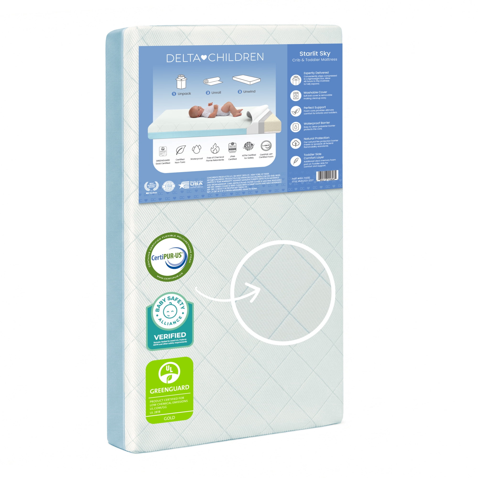 Delta Children Starlit Sky 2-Stage Crib and Toddler Mattress – GREENGUARD Gold Certified, CertiPUR-US Certified Foam, Machine Washable Cover, Waterproof Barrier, Made in USA, Blue