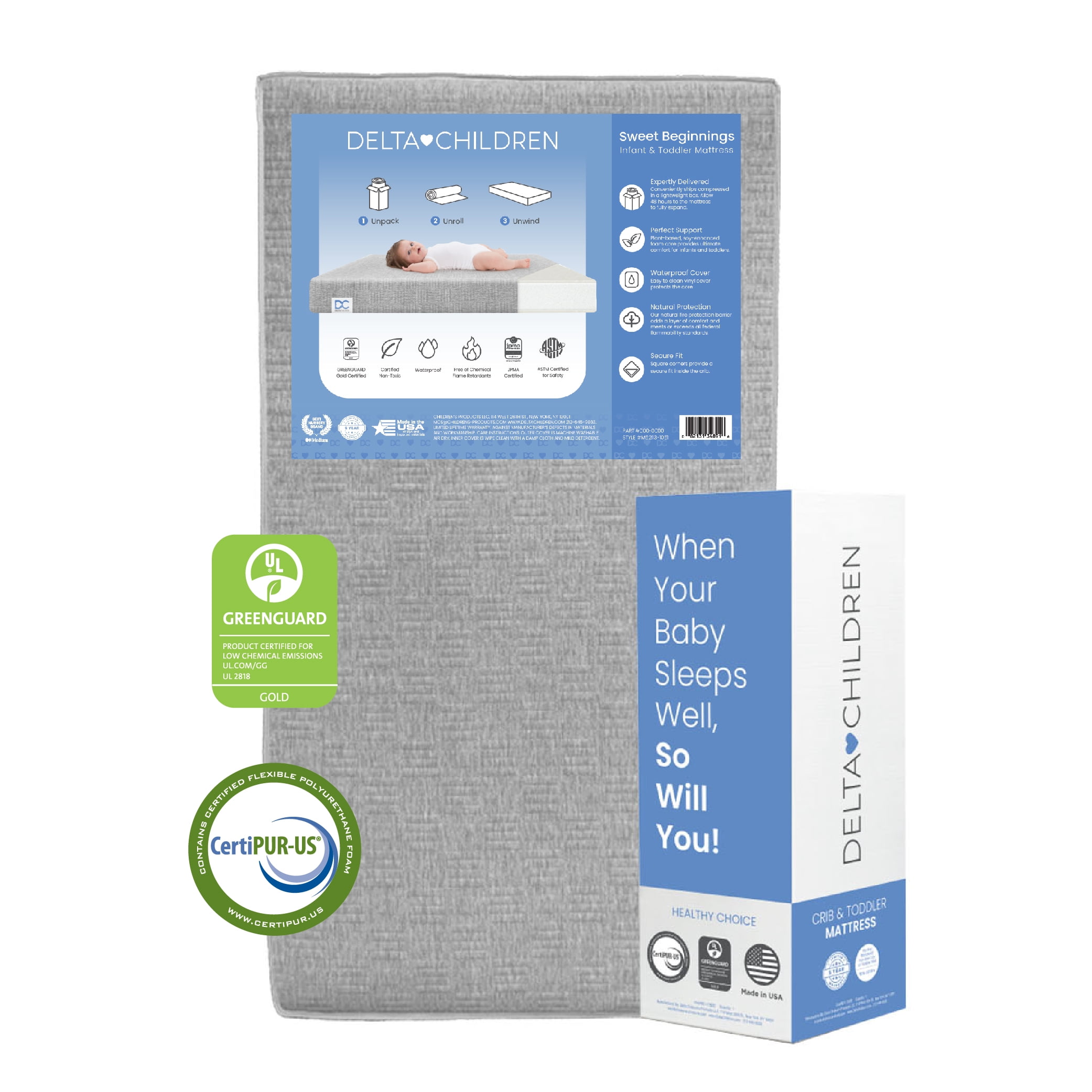Delta Children Sweet Beginnings Dual Sided Crib and Toddler Mattress in a Box - GREENGUARD Gold and CertiPUR-US Certified - Plant-Based Soy Foam Core - Waterproof - 5 Year Warranty - Made in USA
