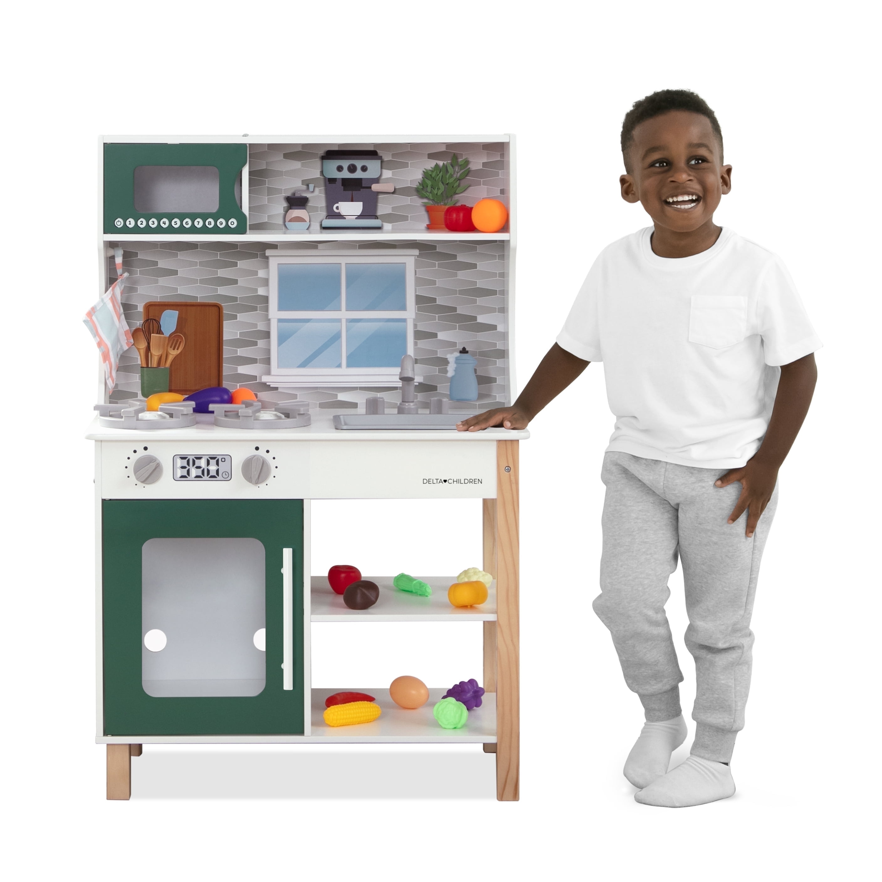 Delta Children Tiny Chef Play Kitchen Toy Playset Realistic Stove Burners Click Light Sounds Oven Sink Microwave 25 Accessories 5 Pots Pans 20 Pcs Fo