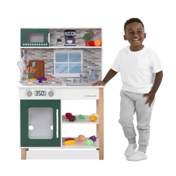 Delta Children Tiny Chef Play Kitchen - Wooden Toy Kitchen Playset with Realistic Knobs, Includes Oven, Sink, Microwave, 15 Pieces of Play Food, Green
