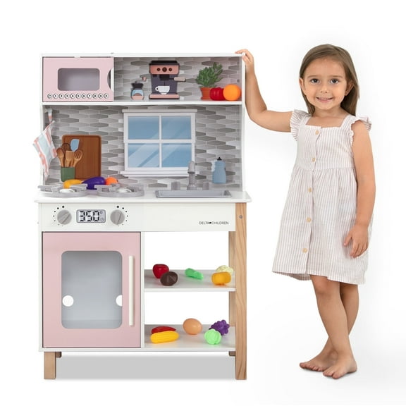 Delta Children Tiny Chef Play Kitchen - Wooden Toy Kitchen Playset with Realistic Knobs that Turn/Click, Oven, Sink, Microwave and 15 Pieces of Play Food, Pink