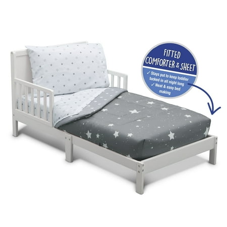 Delta Children Toddler Bedding Set | Boys 4 Piece Collection | Fitted Sheet, Flat Top Sheet w/Elastic Bottom, Fitted Comforter w/Elastic Bottom, Pillowcase, Dusty Skies | Grey