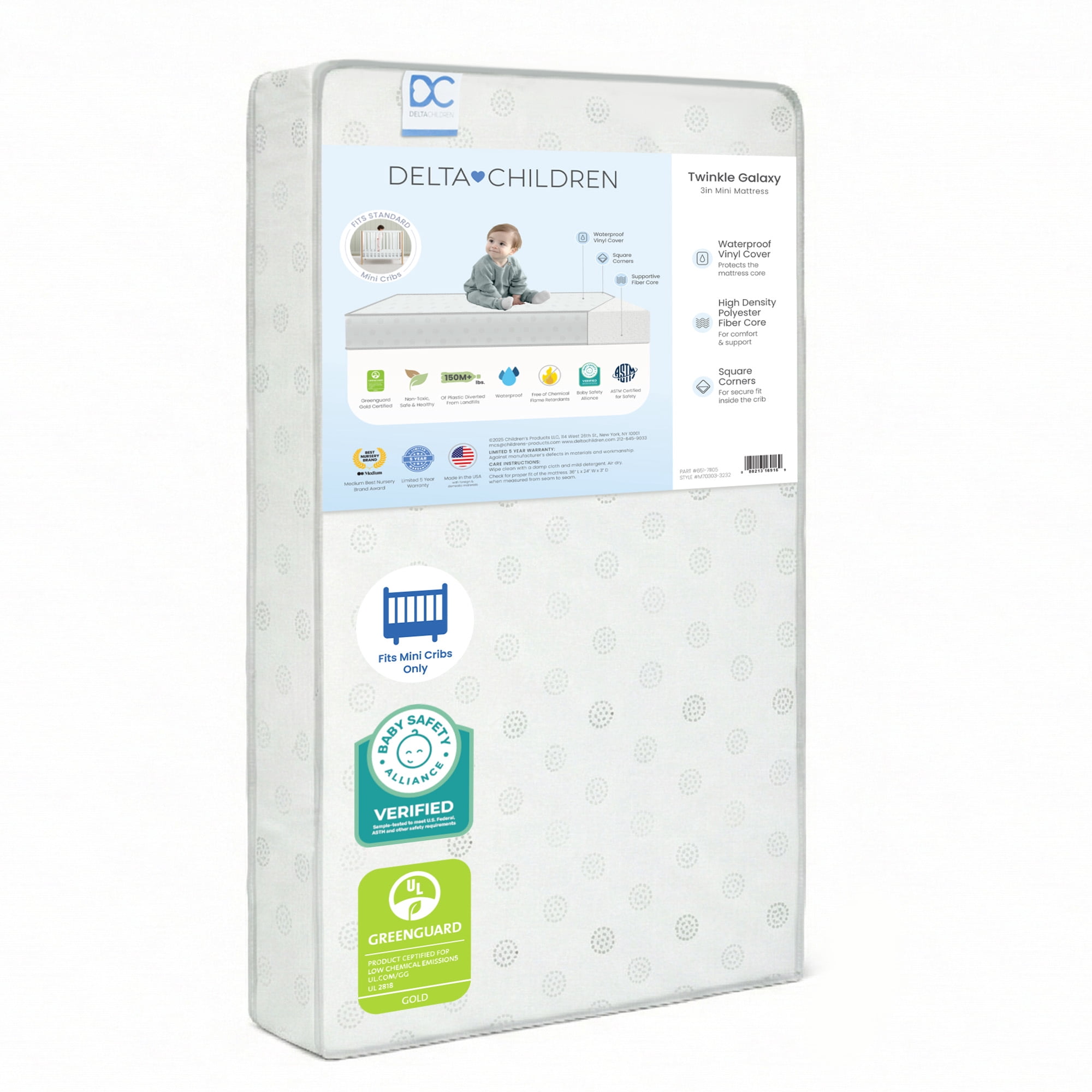 Delta Children Twinkle Galaxy 3-inch Mini/Portable Crib Mattress - Sustainably Sourced Fiber Core - Waterproof - GREENGUARD Gold Certified - 10 Year Warranty | Does Not Contain Toxic Fire Retardants