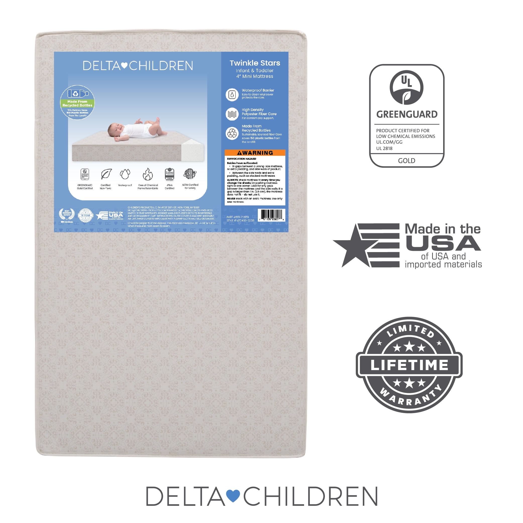 Delta Children Twinkle Stars 4-Inch Mini/Portable Crib Mattress - Premium Sustainably Sourced Fiber Core - Waterproof - GREENGUARD Gold Certified (Non-Toxic) - Trusted 10 Year Warranty - Made in USA