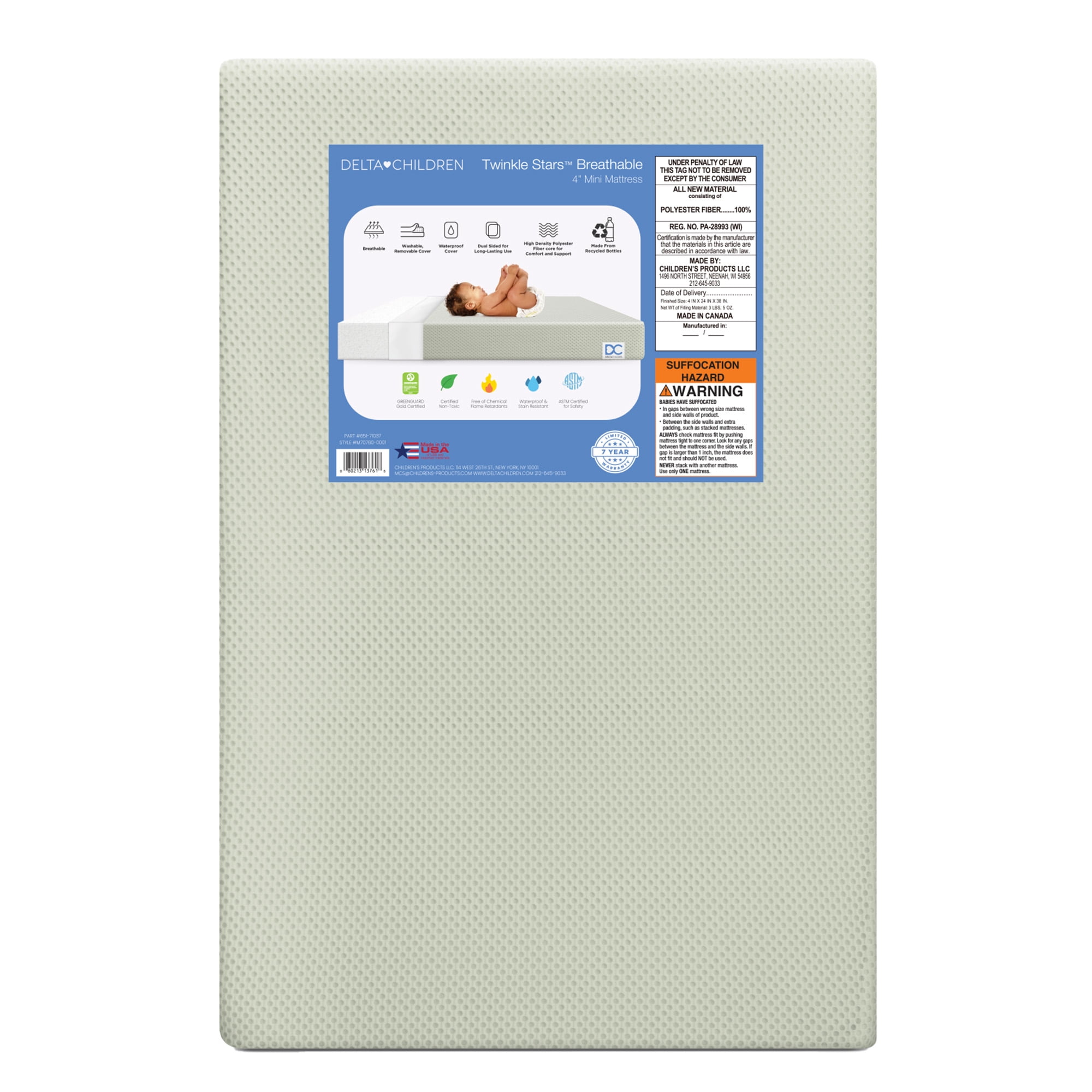 Delta Children Twinkle Stars Breathable 4-inch Mini Crib Mattress with Removable/Machine Washable Cover - GREENGUARD Gold – Waterproof - Sustainably Sourced Core Fiber Core, Green
