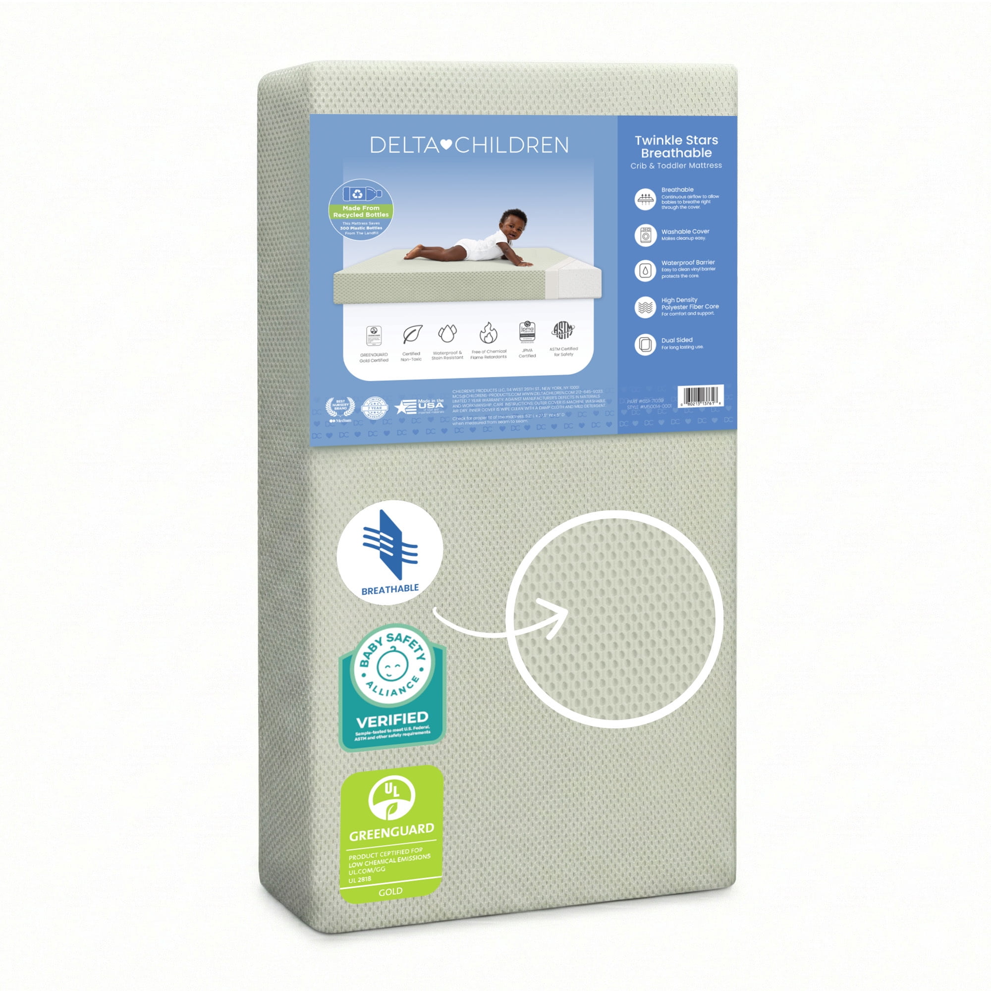 Delta Children Twinkle Stars Breathable Baby Bed Crib Mattress and Toddler Mattress with Removable/Machine Washable Cover - GREENGUARD Gold – Waterproof - Sustainably Sourced Core Fiber Core, Green