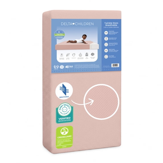 Delta Children Twinkle Stars Breathable Baby Bed Crib Mattress and Toddler Mattress with Removable/Machine Washable Cover - GREENGUARD Gold – Waterproof - Sustainably Sourced Core Fiber Core, Pink