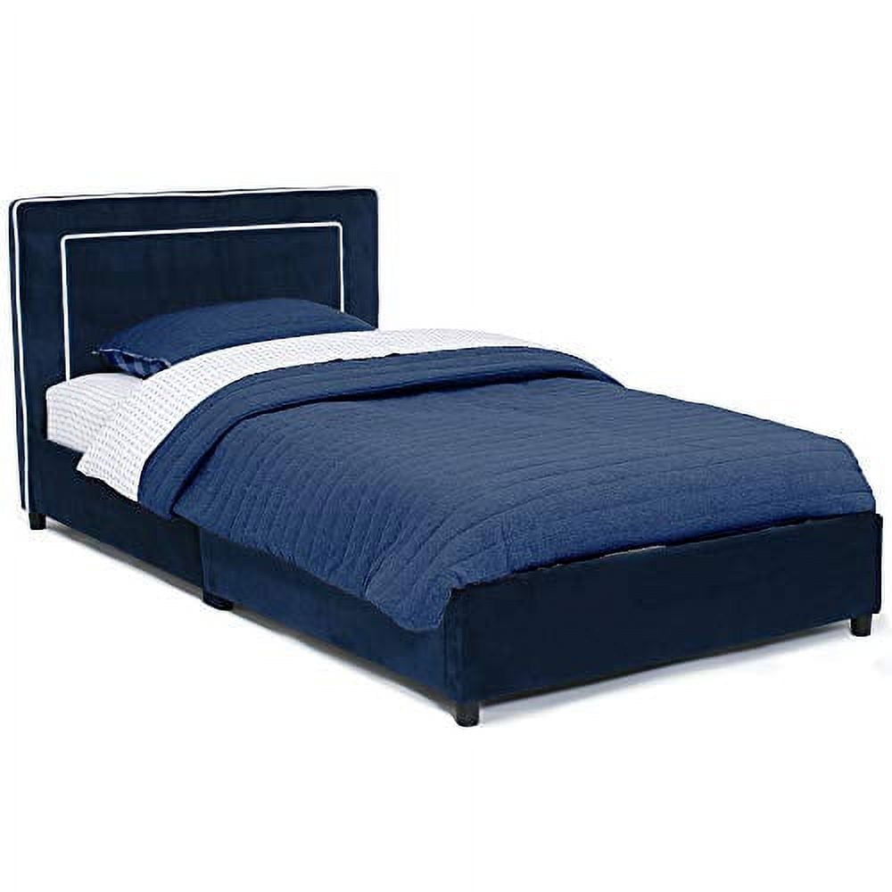 Blue Upholstered Twin Bed with Wood Frame and Headboard