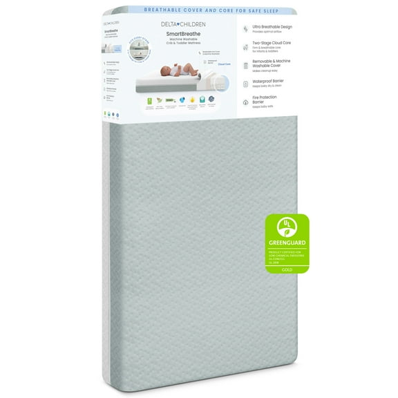 Delta Children SmartBreathe Machine Washable Crib and Toddler Mattress - Breathable Cloud Core, Machine Washable Cover, GREENGUARD Gold, Waterproof, Sustainably Sourced Fiber Core, Artic Blue/White