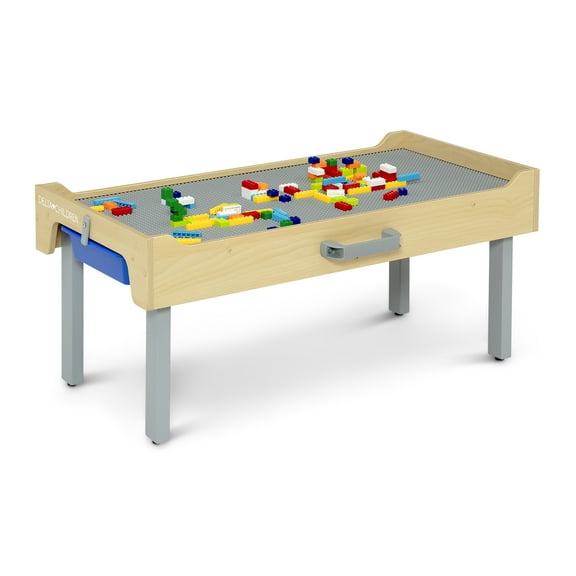 Delta Children Wooden Play N Store Building Bricks Play Table with 100+ Play Bricks Included - Large Brick Plate Compatible with LEGO, MegaBlocks & More - Legs Fold for Easy Under Bed Storage, Grey