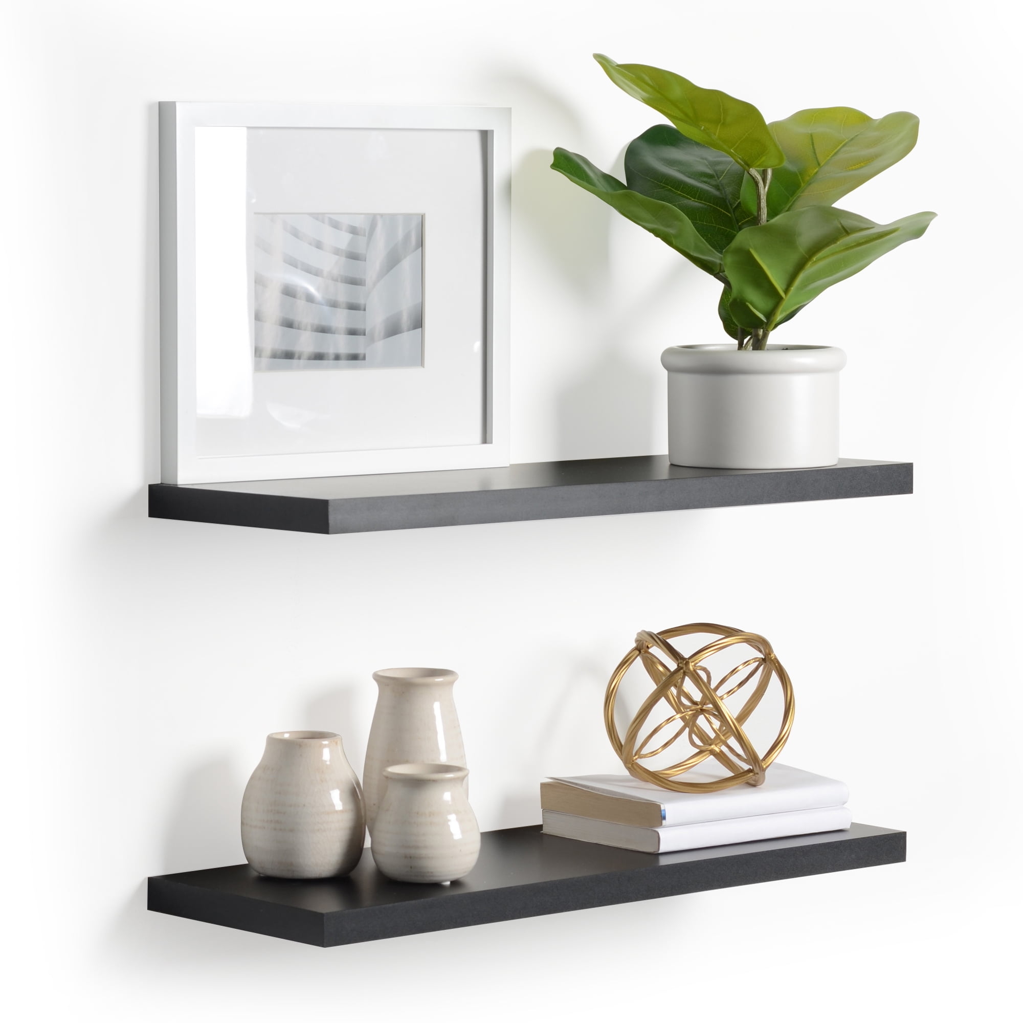 Black Wood Ultra Slim Floating Wall Shelves, 24" Set of 2