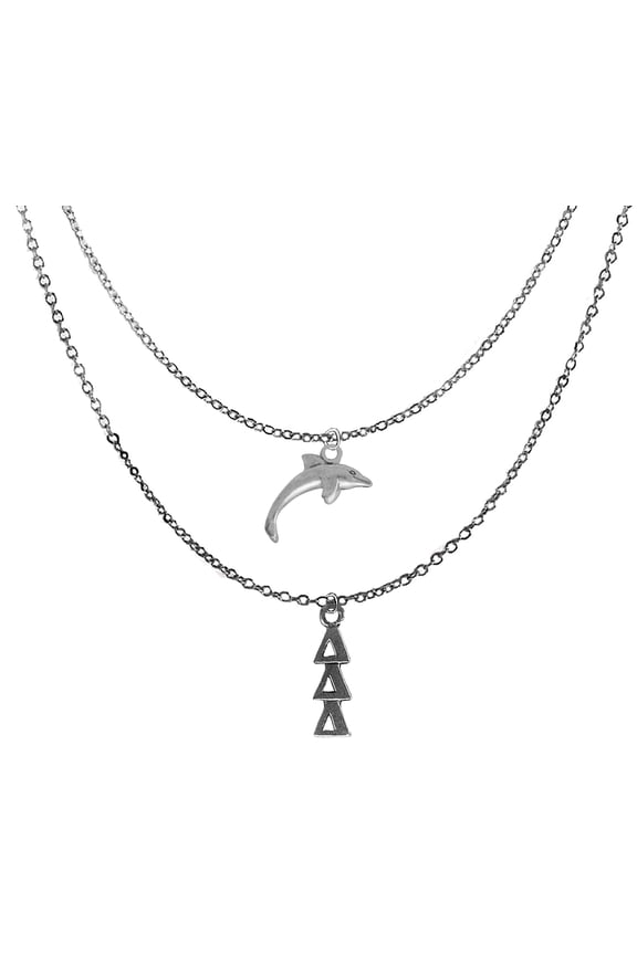 Delta Delta Deta Sorority Jewelry, Adjustable Double Chain Silvertone Necklace.Greek Letters And Dolphin Mascot. Hypoallergenic, No Nickel,Lead,Or Cadmium In The Metal.Great Gift For Big/Little Sister