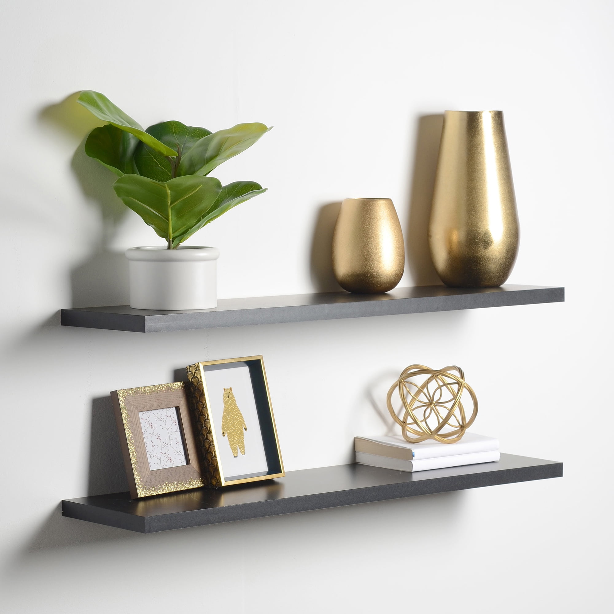 Black/Natural Floating Metal and Wood Wall Shelves (Set of 2)