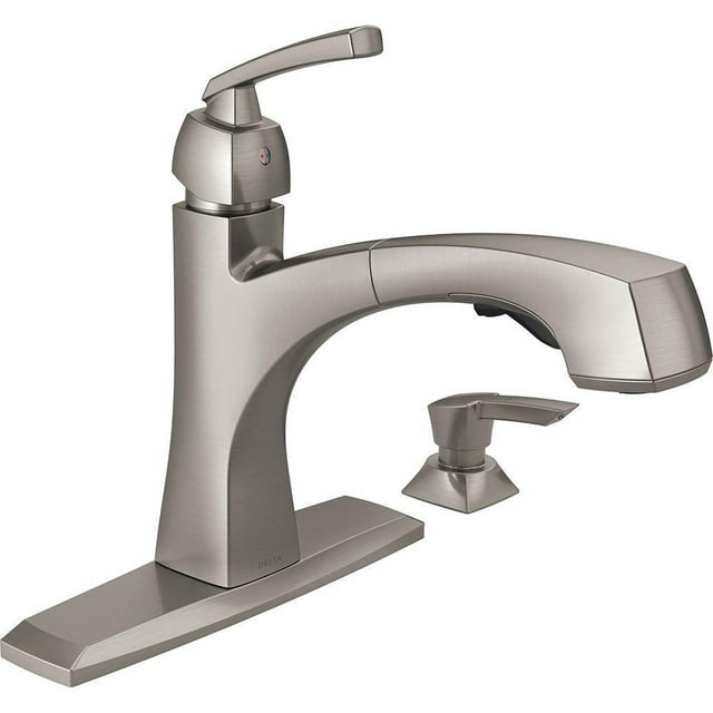 Delta Montauk Single Handle Pull-Out Kitchen Faucet with Soap Dispenser in SpotShield Stainless 16959-SPSD-DST