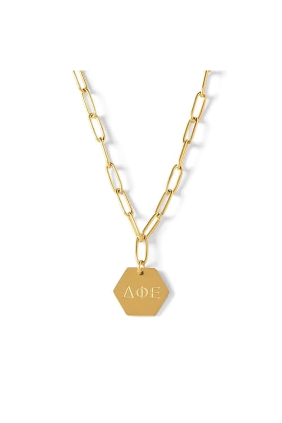 Delta Phi Epsilon Necklace, 18k Gold Plated Paperclip Style Chain with Sorority Letters Pendant