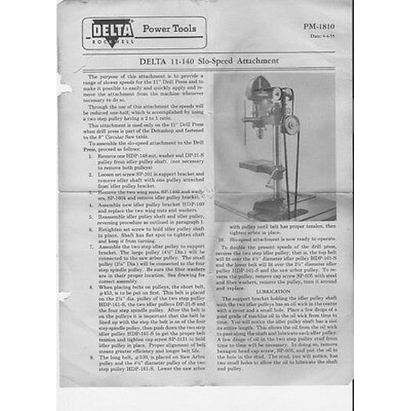 Instruction Manual ONLY for Delta Rockwell 11-140 Slo-Speed Attachment Instructions REPRINT