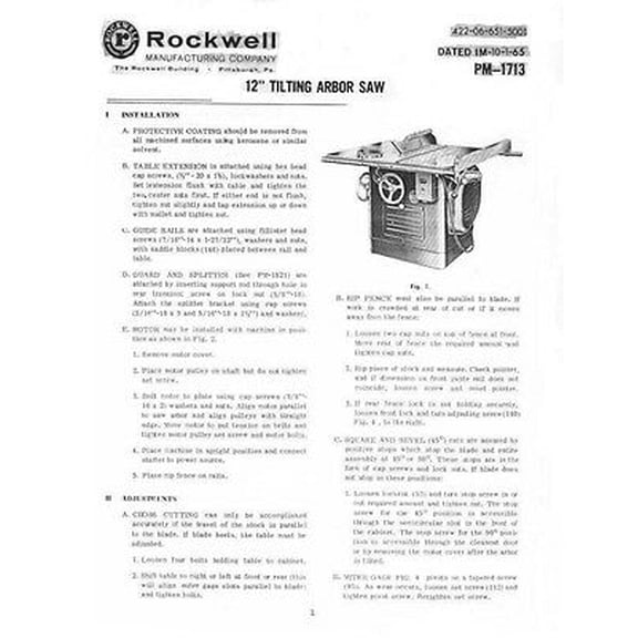 Instruction Manual ONLY for Delta Rockwell 12" Tilting Arbor Saw Instructions 2 REPRINT