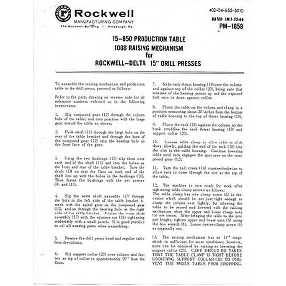 Delta Rockwell 15850 Production Table Raising Mechanism 15" Drill Pres REPRINT