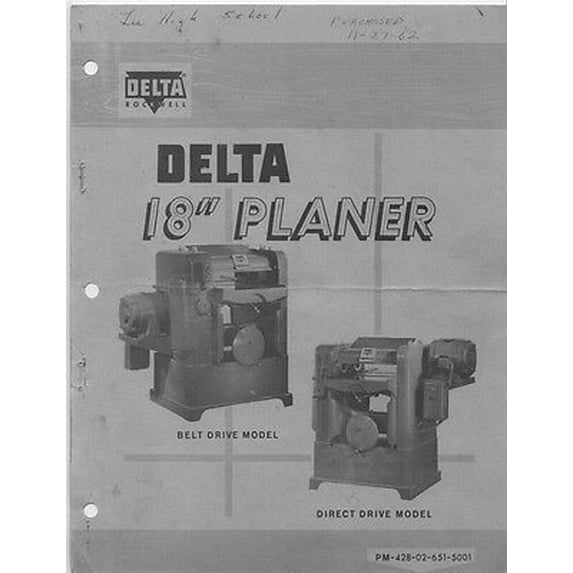 Delta Rockwell 18" Planer Manual for early Yates-American version Instructions REPRINT