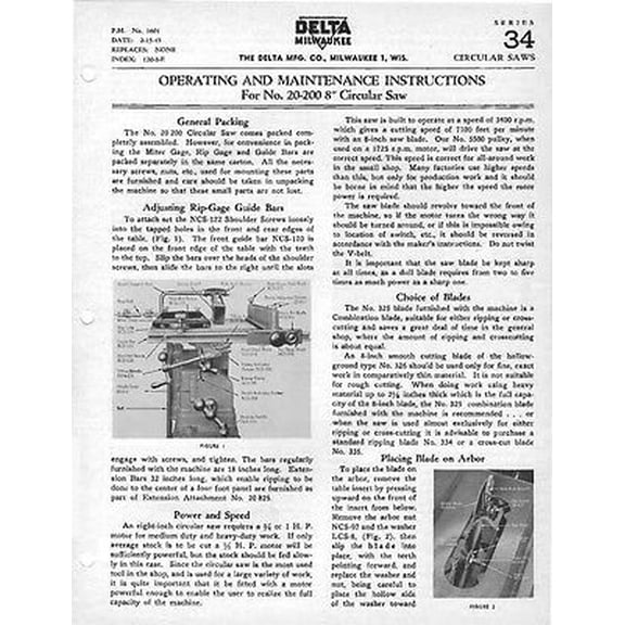 Delta Rockwell 20-200 8" Table Saw Operating and Maintenance Instructions REPRINT